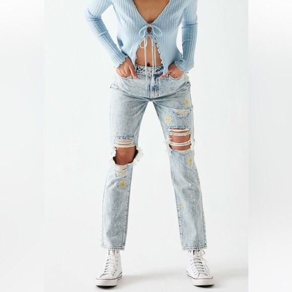 PACSUN Mom Acid Wash High Rise Daisy Embroidered Jeans Light Wash Denim Size 27 - Picture 3 of 16